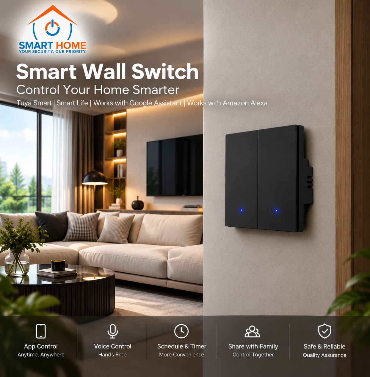 Interrupteur mural intelligent dans salon moderne